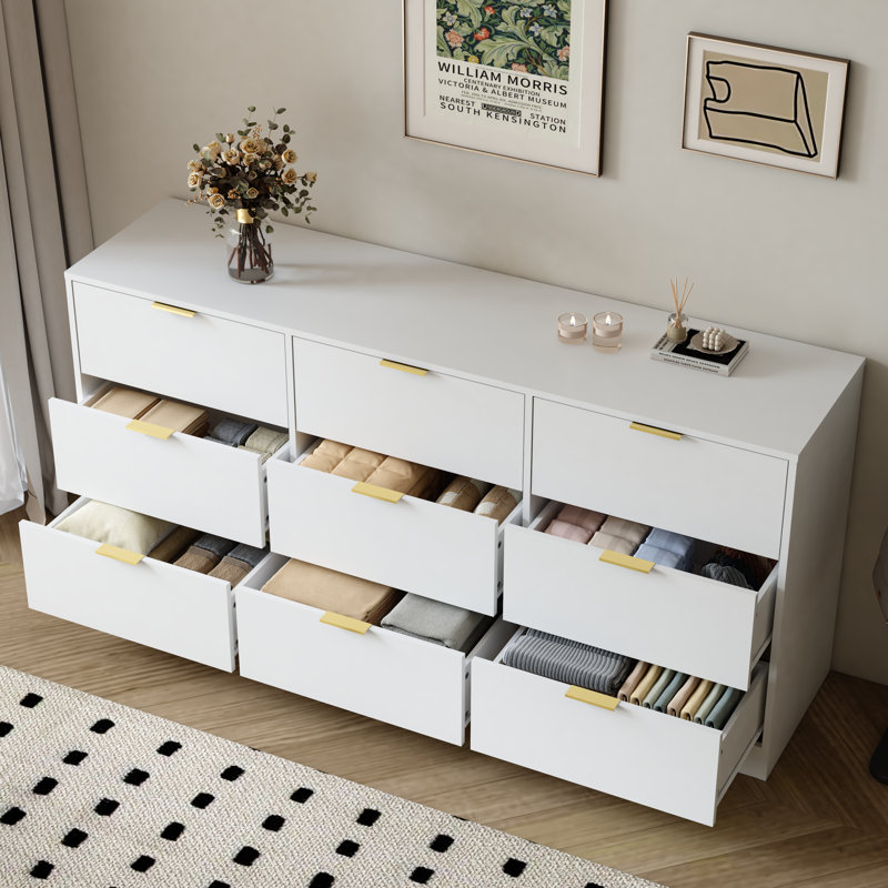 Commode en bois avec 9 tiroirs pour la chambre à coucher, Blanc