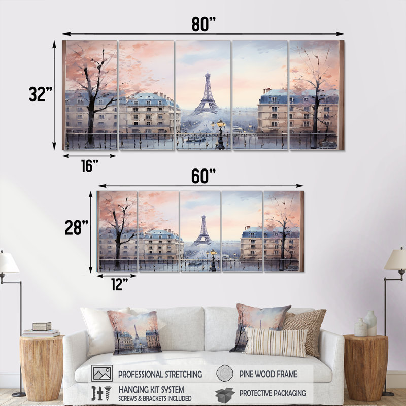 «Vintage Calm Paris City View - Paris», art mural sur toile 5 pièces, H 28 po x l 60 po