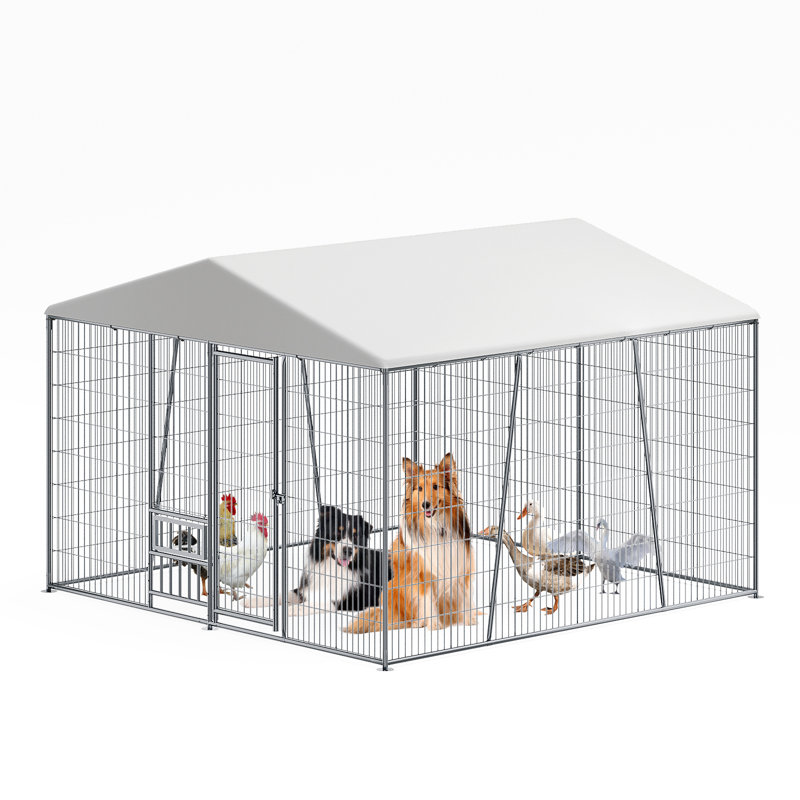 Chenil d'extérieur robuste 10 x 10 pi avec bol d'alimentation, toit imperméable à couverture complète, clôture grillagée facile à assembler avec verrou sécuritaire.