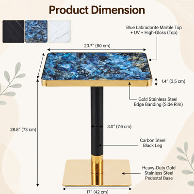 Ensemble de 2 tables de salle à manger carrées modernes, ensemble de tables de café modulaires sans soudure de 24 po, piédestal noir et doré, finition agate bleue lustrée de 1,4 po, tables de bistro résistantes à la chaleur, ensemble de 2