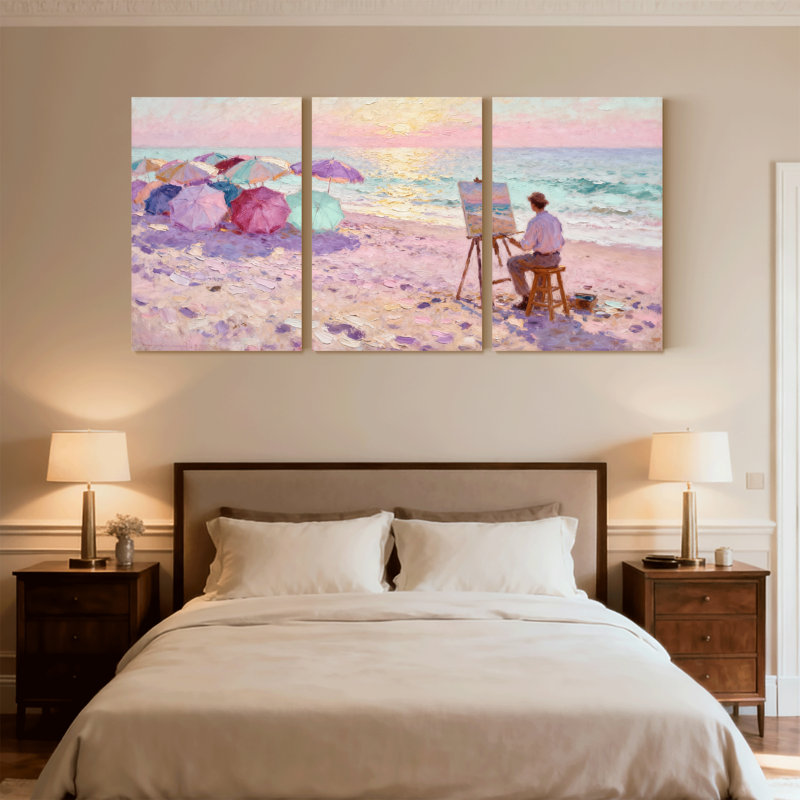 beach Beach Painter Under Colourful Umbrellas Sunset Scene Set of 3 Canvas Wall Art Prints, 18" H x 36" W