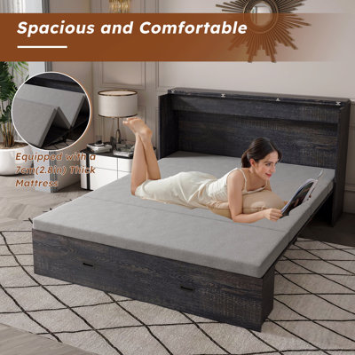 57 inches Murphy bed, with storage drawers and charging cabinet, with foldable panels, with swivel wheels, noise-free, suitable for guest rooms, living rooms and offices, Carbon black