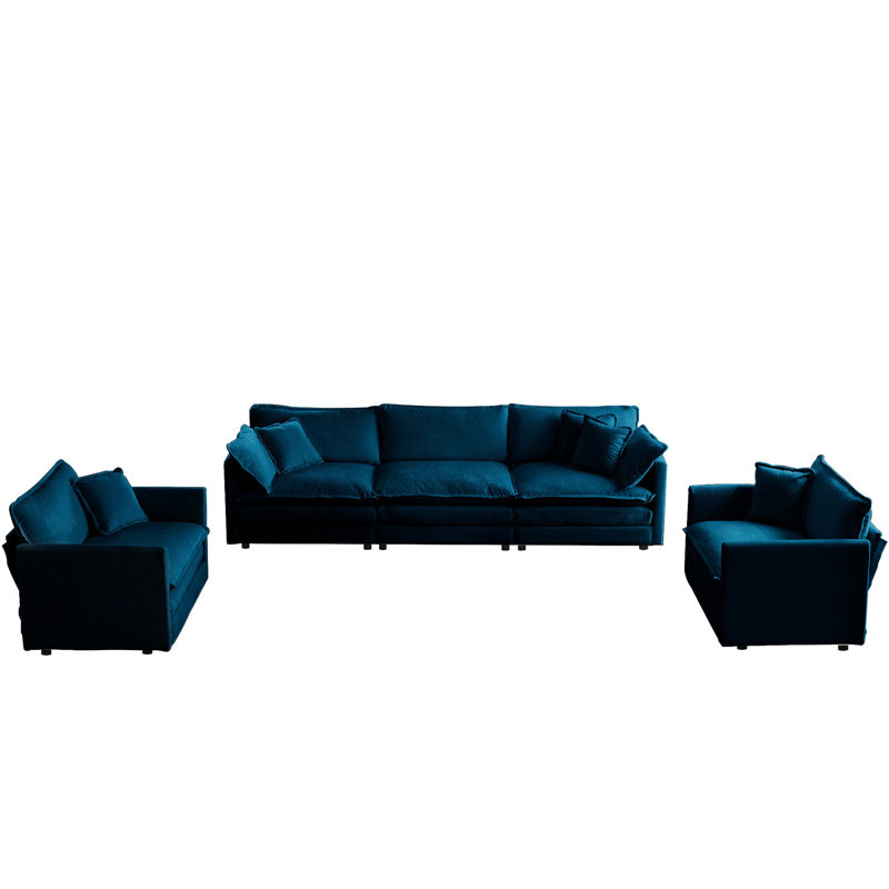 Ensemble de salon 3 pièces en chenille bleue, bois massif, tissu, sièges confortables avec fauteuil d'appoint et 3 pièces en bois, trois