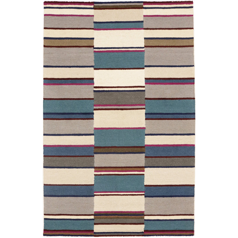 Tapis rectangulaire en laine touffeté à la main rayé vert / beige / brun Fakieh