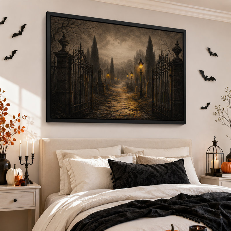 Toile ouverte sur un chemin pavé brumeux et halloween, H 16 po x l 24 po