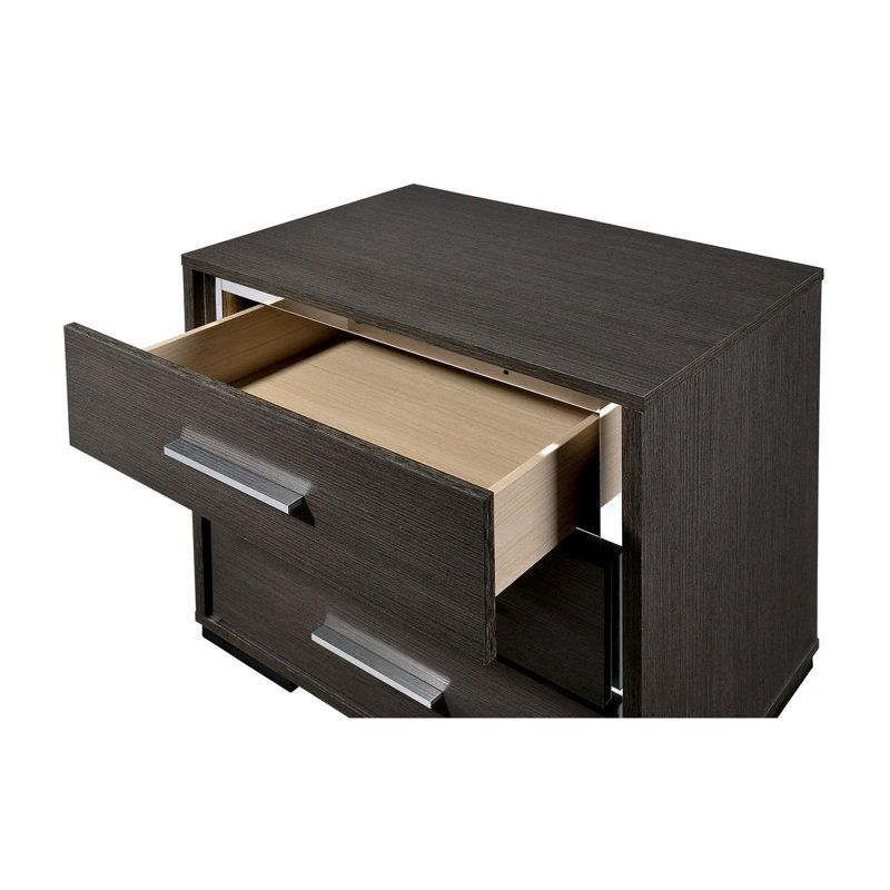 Table de chevet en bois massif gris chaud avec 3 tiroirs et port de chargement USB