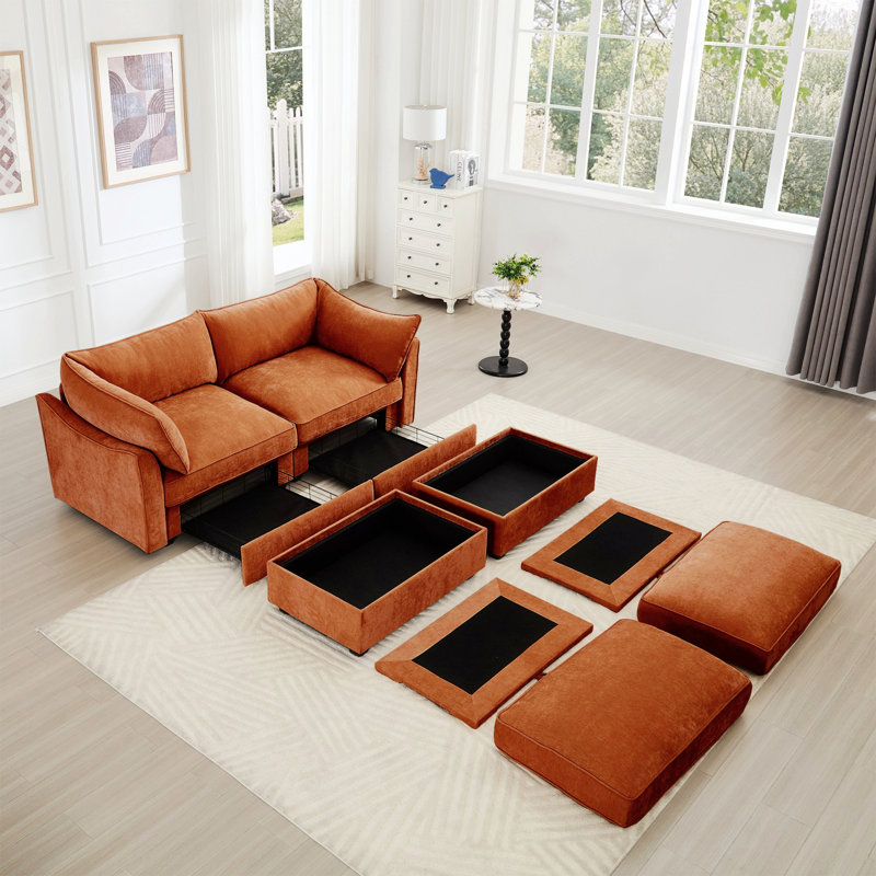 Causeuse rembourrée, canapé 2 places avec 2 repose-pieds et tiroirs de rangement escamotables, Orange