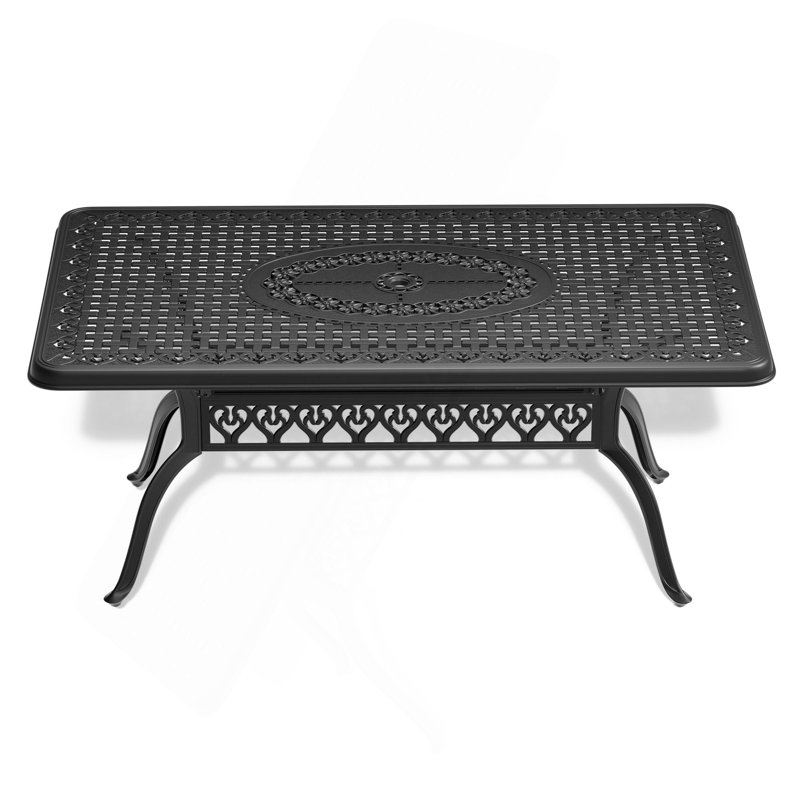 Table de salle à manger en fonte d'aluminium avec cadre noir et trou pour parasol