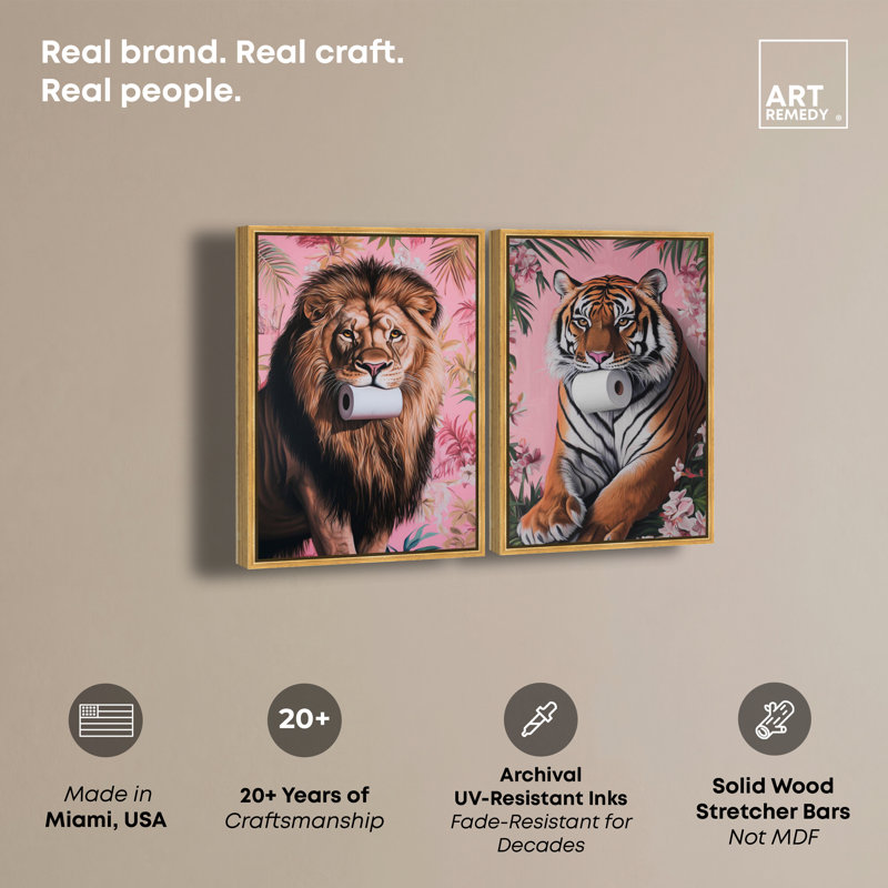 «Tropical Roll Animal Set», reproduction d'art sur toile par Art Remedy, H 54 po x l 36 po, Cadre flottant doré