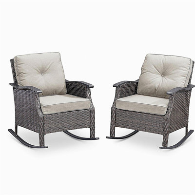 Outdoor Gliding Wicker Chairs Set of 2, PE Rattan Patio Glider Chairs with Beige Cushions for Porch or Backyard