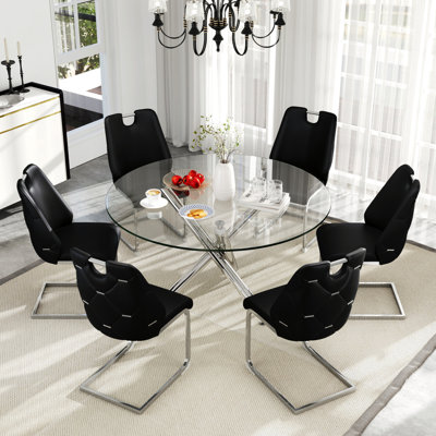 Table de salle à manger ronde en verre trempé, table de salle à manger moderne avec dossier haut en similicuir pour salle à manger