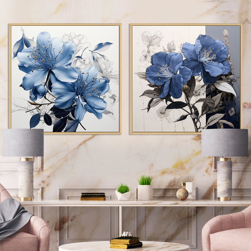 Bouquet de rhododendrons en pleine floraison - ensemble de 2 collages rhododendrons carrés, Cadre flottant brun