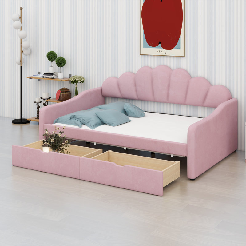 Modern Shell-Back Daybed Frame In Soft Upholstery With Smooth-Glide Under, Pink