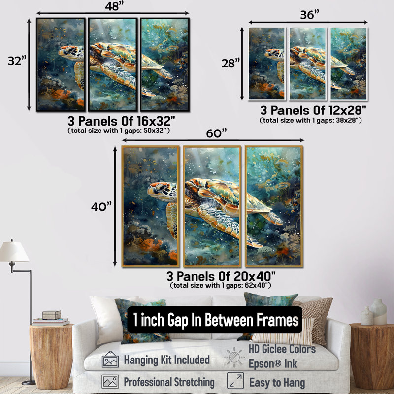 «Sea Turtle Journey II - Ensemble de créatures marines», Toile avec cadre flottant noir, H 28 po x l 36 po x P 1 po