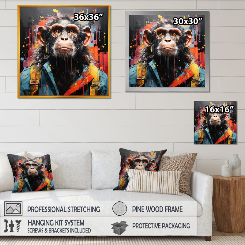 Paysage urbain noir Popart Chimp Trek - art mural singe, H 36 po x l 36 po x P 1,5 po, Cadre doré simple