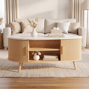 Table basse ovale de rangement Mid-Century avec portes coulissantes Tambour
