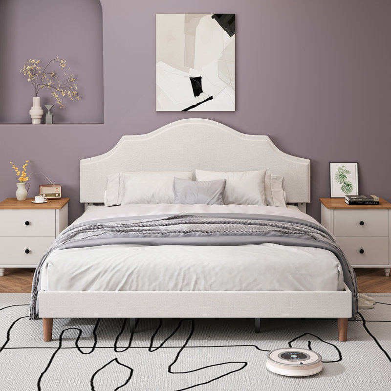 Upholstered Platform Bed With Adjustable Headboard, White, King