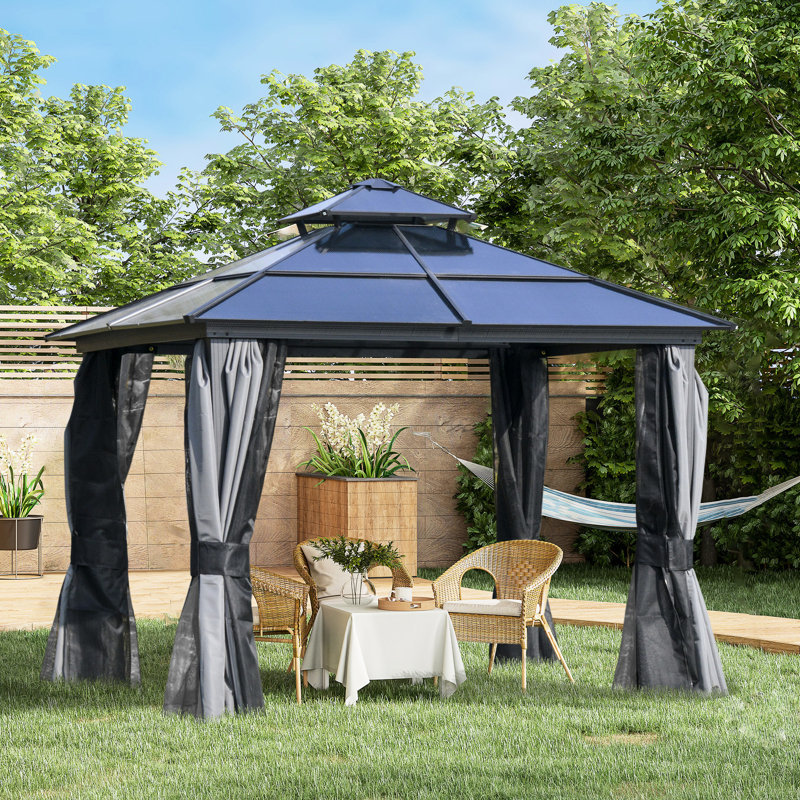 Pavillon de jardin 10 pi x X avec structure en aluminium, pour jardin, filet respirant pour cour arrière pour l'extérieur, rideaux