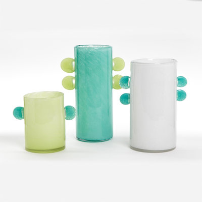 Colored Art Glass Vase Set of 3, 6.5" H With Hand Blown Glass Accents Contempo