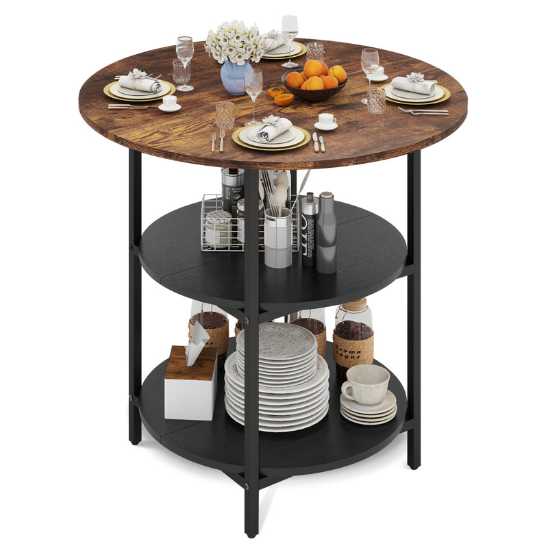 80cm Round Dining Table, Industrial Kitchen Desk With Storage Shelf, Space Saving, Brown