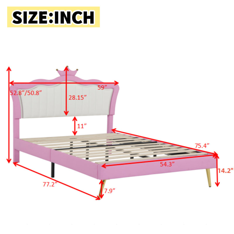 Structure de lit double pleine grandeur avec lumières DEL, lit princesse rembourré moderne avec tête de lit couronne, rose et blanc