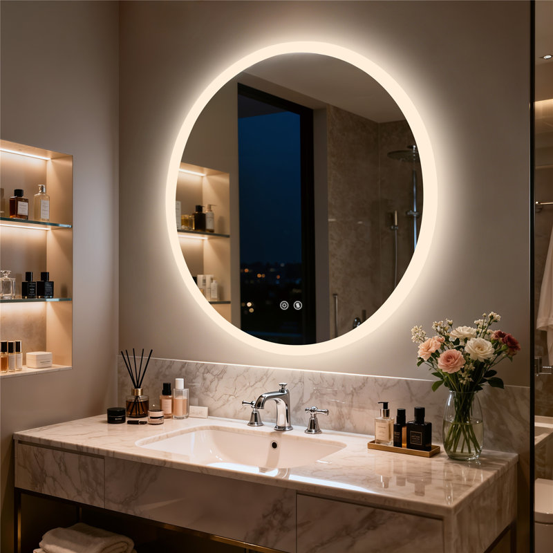 Round Lighted Wall Mounted Bathroom Mirror, 70 cm H x 70 cm W