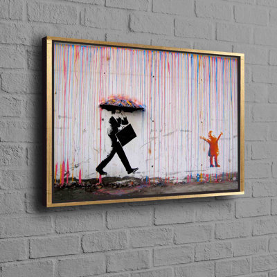 Banksy Inspired Abstract Rain Wall Art Featuring Kids with Umbrellas in Striking Graffiti Style for Contemporary Home Decor
