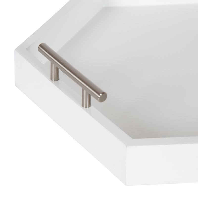 Norvan Hexagon Decorative Tray with Metal Handles, White/Silver