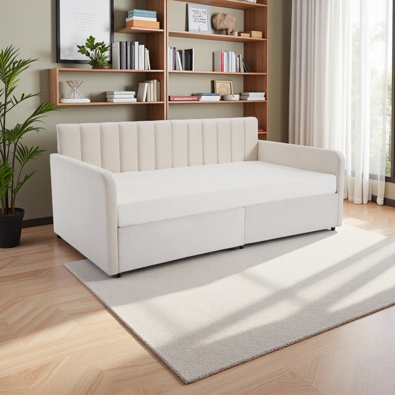 Upholstered Daybed With 2 Drawers, Twin,  Velvet, Ribbed Tufted Backrest, Daybed In Lavish Modern Design