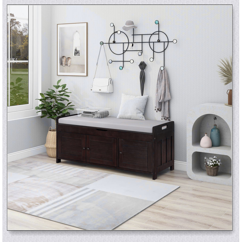 Banc de rangement avec 3 portes en forme de volet, banc à chaussures avec coussin amovible et rangement caché