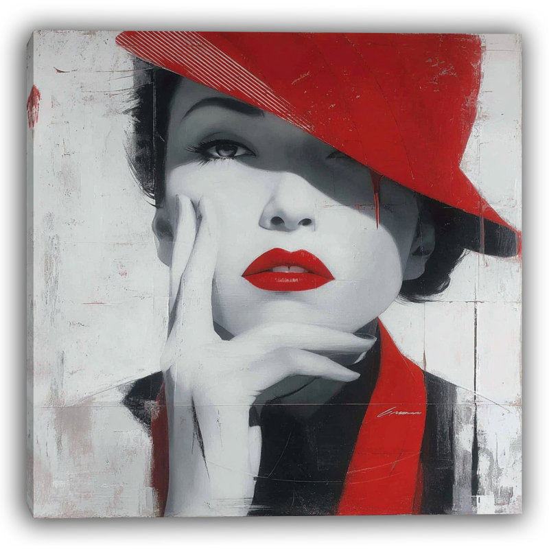 «Red Elegance IV - Glam Lady in Hat with Striking Gaze», reproduction sur toile, H 30 po x l 30 po