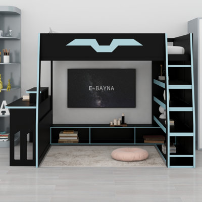Modern Loft Bed with Desk, Multi-Storage Shelves, RGB Lights and Adjustable Placement Table