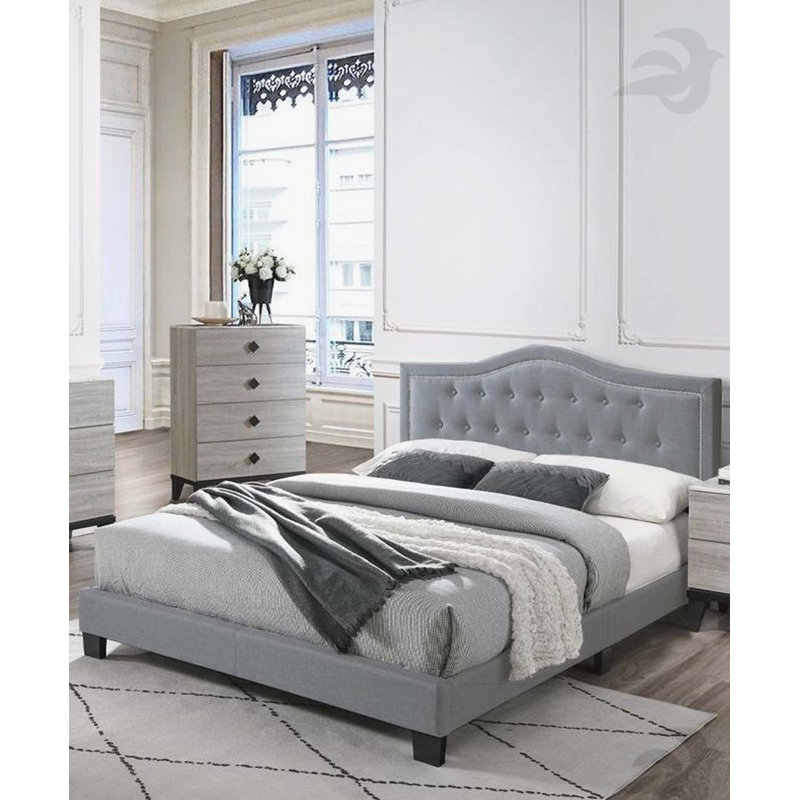 Mobilier de chambre à coucher de style européen en velours de lit grand format avec tête de lit capitonnée à boutons gris