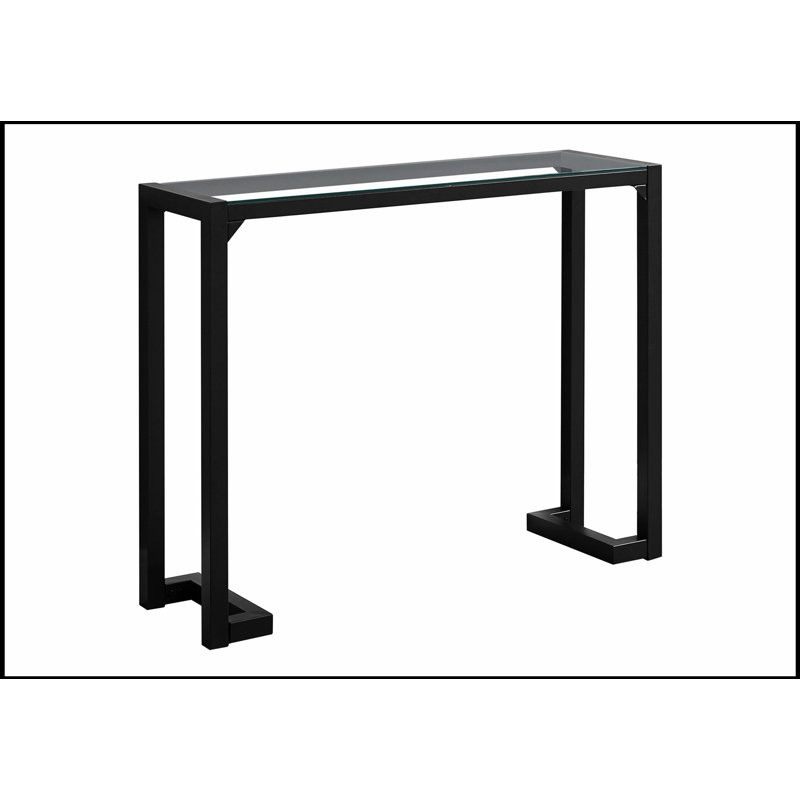 Console étroite avec plateau en verre trempé transparent et structure en métal noir pour les entrées et les canapés