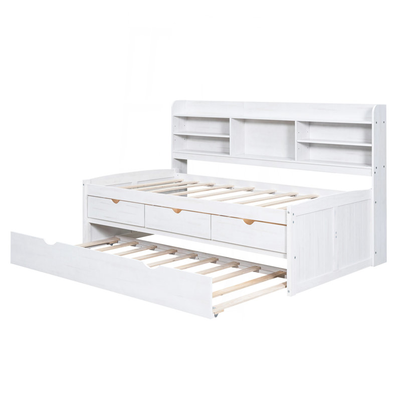 Lit capitaine simple en bois avec étagères intégrées, Blanchies