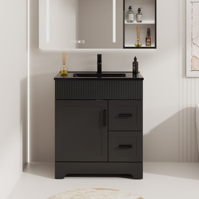 Meuble-lavabo simple 30 po avec lavabo noir, robinet et drain, peint à la main
