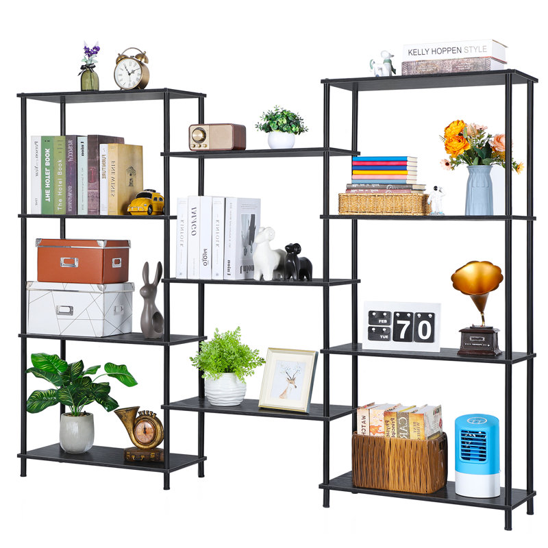 Three Rows Bookcase-4 Shelves-Black, Noir