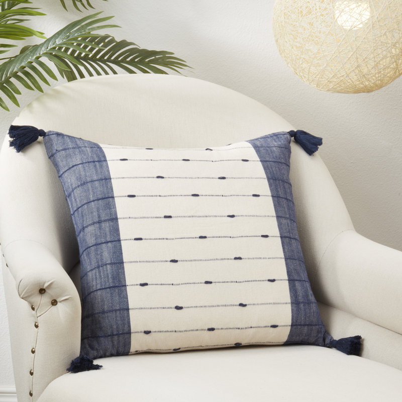 20" Square Embroidered Cotton Throw Pillow with Tassel Trim