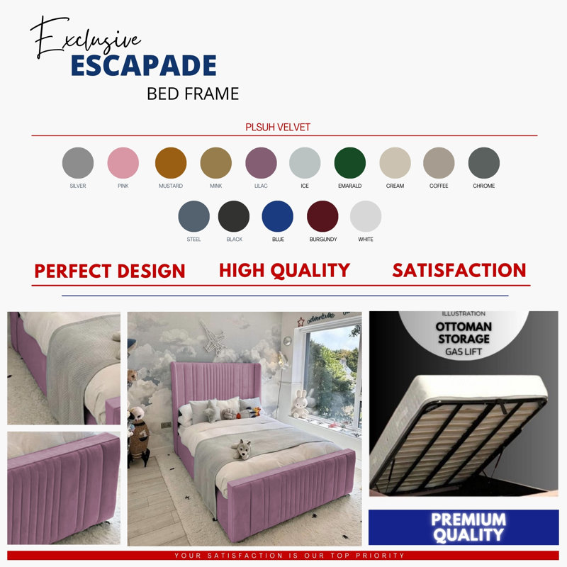 Theseus Bed - Wingback Ottoman Storage with Plush Velvet Gas Lift and Headboard, lilac