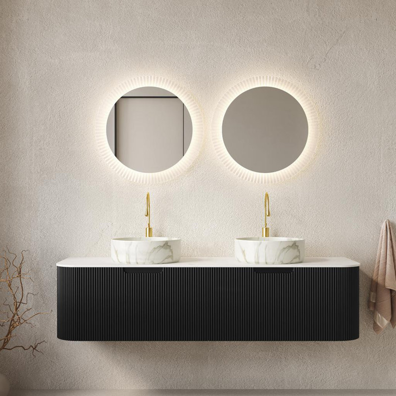 Meuble-lavabo pour salle de bain 60 po, 2 tiroirs, 2 lavabos ronds en céramique blanc mat et plateau en pierre frittée blanc de Carrare, pré-assemblé, noir 