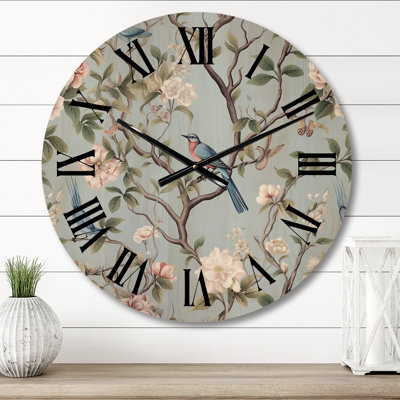 Chinoiserie With Birds and Peonies XIII - Floral Oversized Wood Wall Clock