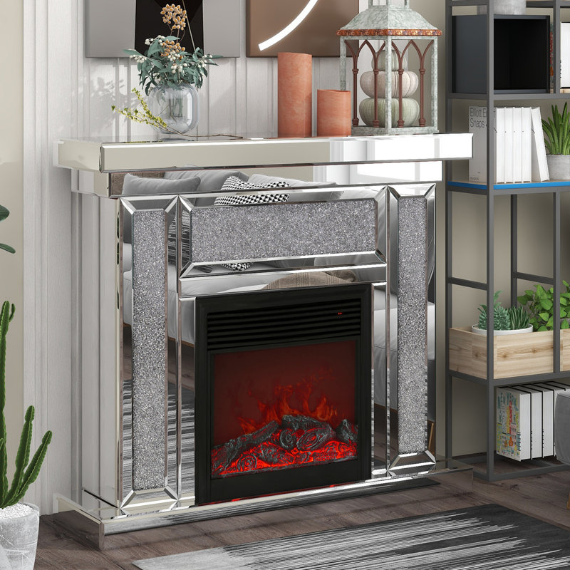 Silver Acrylic Diamond Mirror Electric Fireplace with Mantel