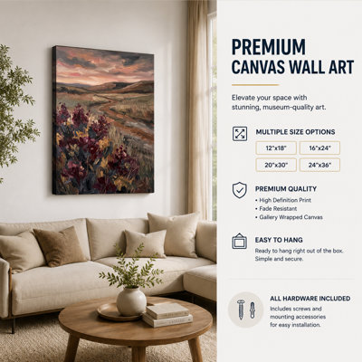 Tableau sur toile, prairie de montagne, fleurs bordeaux, coucher de soleil, paysage en impasto, décoration murale