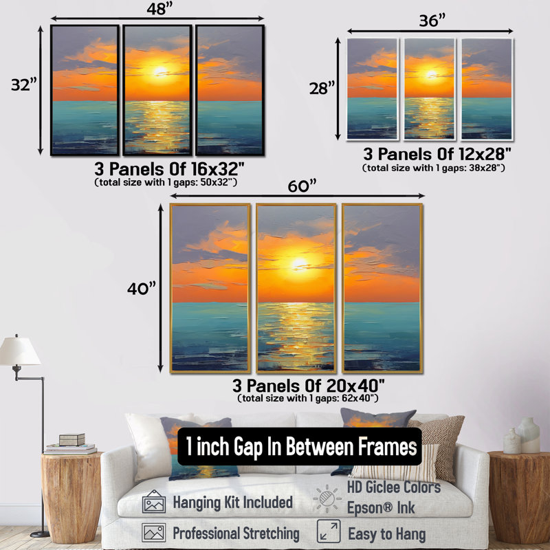 Rubino - Ensemble de décoration murale coucher de soleil, Cadre flottant doré, H 28 po x l 36 po x P 1 po