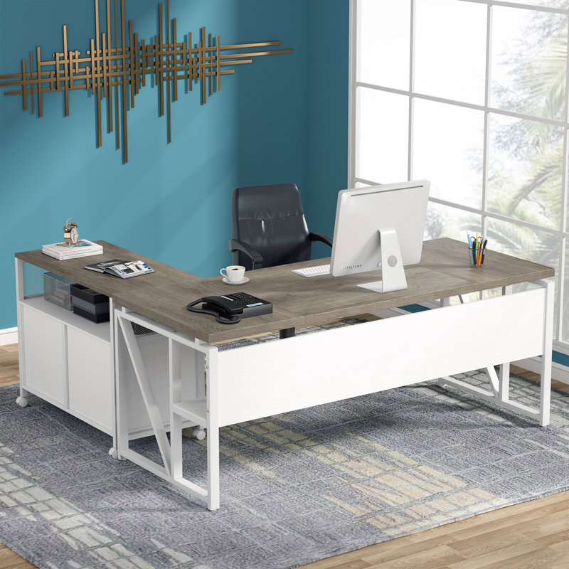 Bureau de direction et classeur latéral 2 pièces Lympsham, H 29 po x l 63 po x P 55 po, Gris clair / blanc