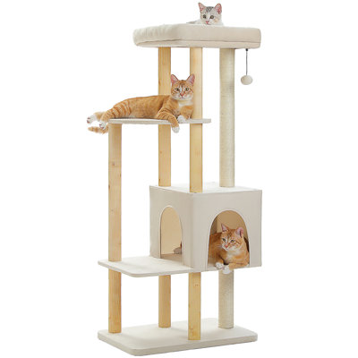 Large Cat Tree, 53 Inches Modern Wooden Cat Tower For Indoor Large Cats, Multi-Level Cat Condos With Long Scratching Posts And Natural Wood