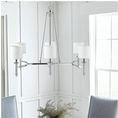 Lustre à 6 lumières avec abat-jour cylindrique en tissu chromé, voir ci-dessous