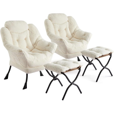 Fauteuil Lazy avec repose-pieds, fauteuil d'appoint moderne, fauteuil de détente avec repose-pieds, fauteuil de lecture avec poche latérale pour le salon, la chambre à coucher, le dortoir et le bureau (beige moelleux, 2 pièces)
