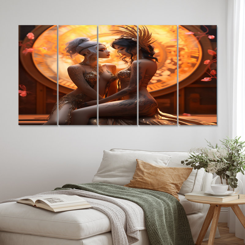 «Divine Love Sensual Goddess Couple Kissing», reproduction d'art murale - 5 panneaux égaux