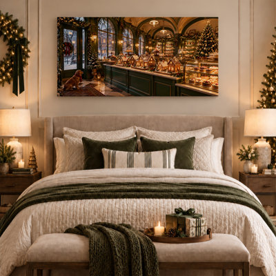 «Gingerbread maisons and pastries in green boulangerie», art mural sur toile